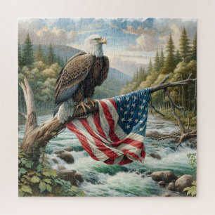 Quebra-cabeça Águia-Careca Com Bandeira Americana No Galho Da Ár