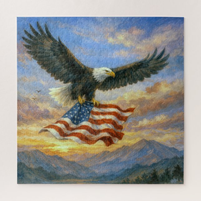 Quebra-cabeça Águia-Careca Voando Com Bandeira Americana (Vertical)