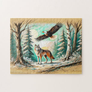 Quebra-cabeça Águia e Lobo na Floresta Desenho a Giz Pastel