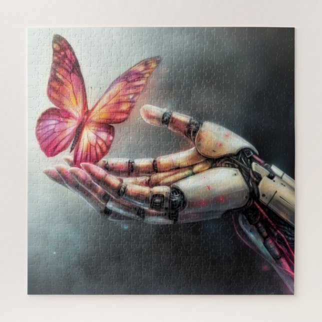 Quebra-cabeça AI and Nature Harmony Robot Hand with Butterfly (Vertical)