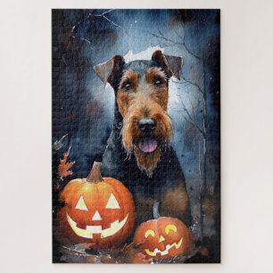 Quebra-cabeça Airedale de Halloween com Abóboras Assustador