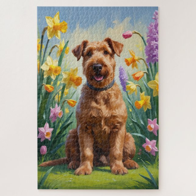 Quebra-cabeça Airedale Dog Spring Flowers Painting (Vertical)