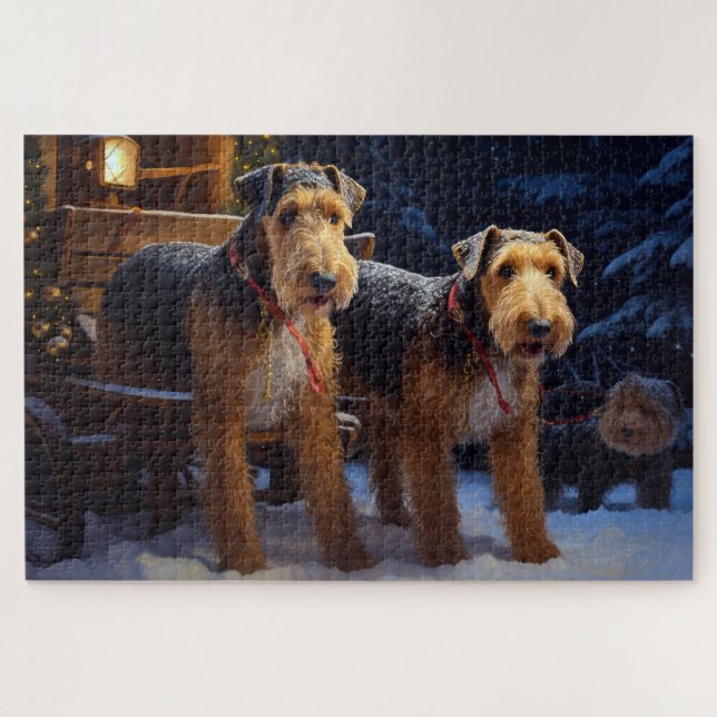 Quebra-cabeça Airedale Snowy Sleigh Passeia Decência de Natal (Horizontal)