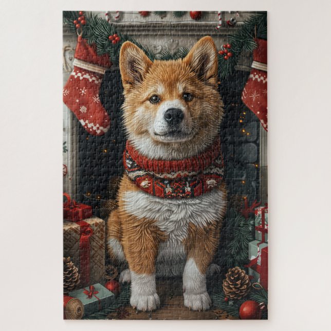 Quebra-cabeça Akita Americano Com Presentes De Natal Lareira (Vertical)