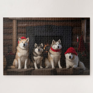 Quebra-cabeça Akita ao lado da Lareira Natal