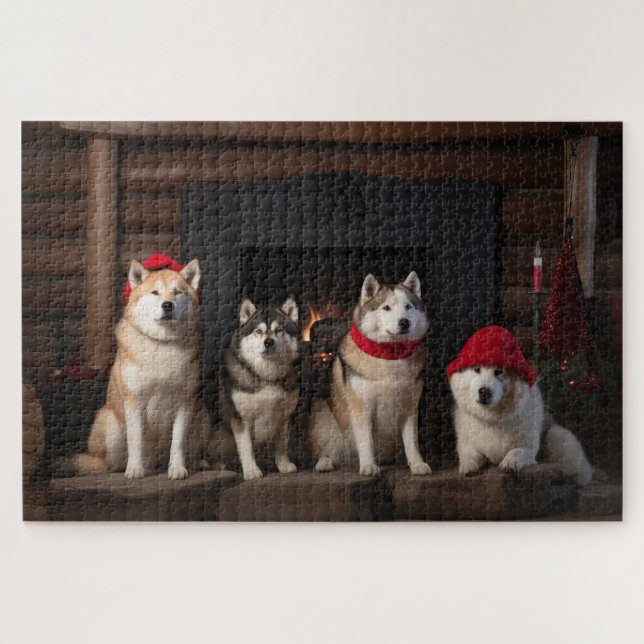 Quebra-cabeça Akita ao lado da Lareira Natal (Horizontal)