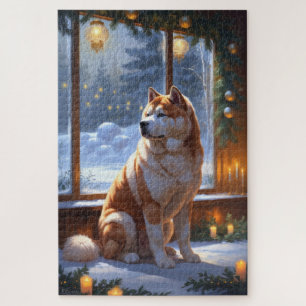 Quebra-cabeça Akita Com Luzes De Natal Feriado