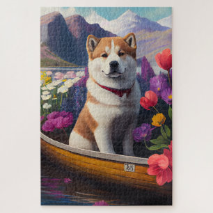 Quebra-cabeça Akita Dog em um Paddle: Uma Aventura Cênica