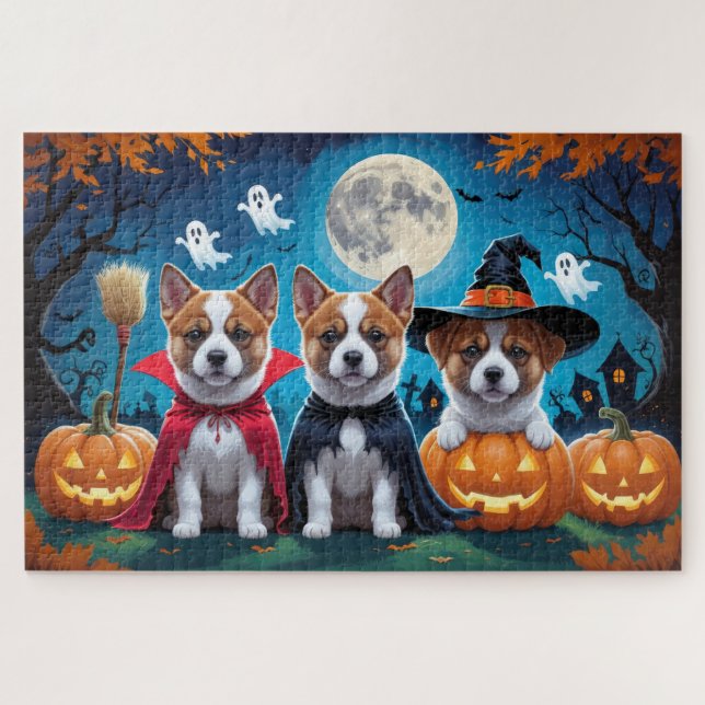 Quebra-cabeça Akita Dogs Pumpkin Halloween Engraçado (Horizontal)