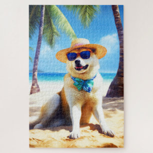 Quebra-cabeça Akita na Praia, presente de verão para amantes de