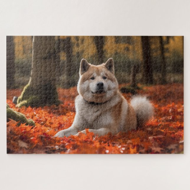 Quebra-cabeça Akita no Outono Folhas Caem Inspirado (Horizontal)
