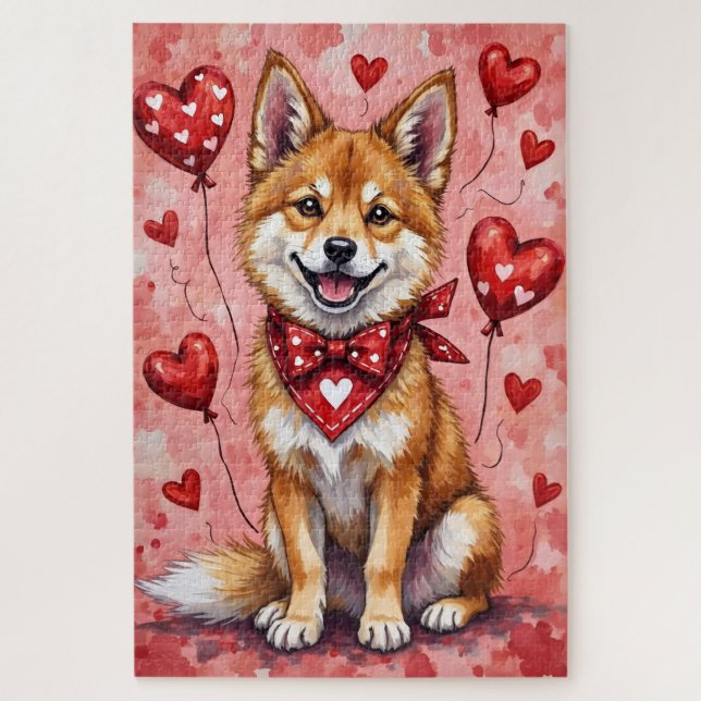 Quebra-cabeça Akita Valentine Dog Art with Hearts and Balloons (Vertical)