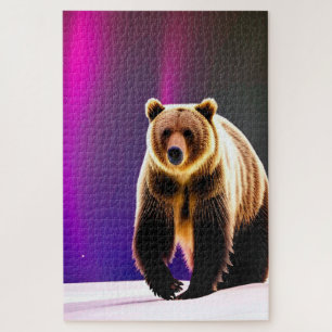 Quebra-cabeça Alaskan Grizzly Bear e Aurora Borealis rosa