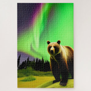 Quebra-cabeça Alaskan Grizzly Bear e Green Aurora Borealis