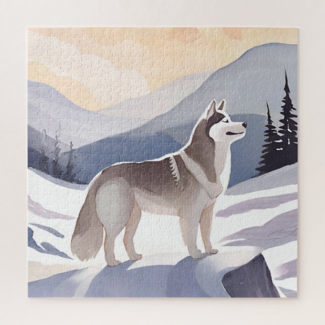 Quebra-cabeça Alaskan Husky | Dog Mountain Watercolor (Vertical)