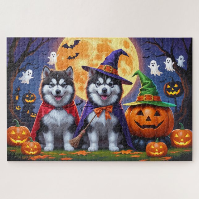 Quebra-cabeça Alaskan Malamute Dogs Pumpkin Halloween Engraçado (Horizontal)
