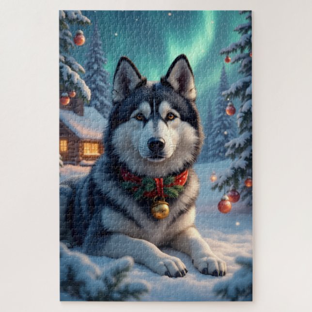 Quebra-cabeça Alaskan Malamute Luzes do Norte Natal  (Vertical)