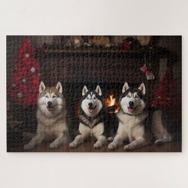 Quebra-cabeça Alaskan Malamute na Lareira de Natal (Horizontal)