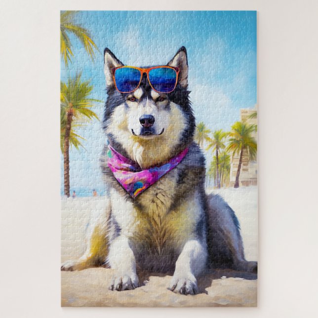 Quebra-cabeça Alaskan Malamute na praia, presente de verão (Vertical)
