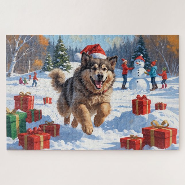 Quebra-cabeça Alaskan Malamute Natal Cena de Neve Festiva (Horizontal)