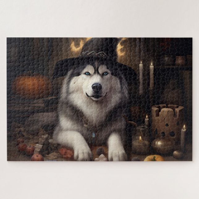 Quebra-cabeça Alaskan Malamute Pumpkins Halloween Scary (Horizontal)