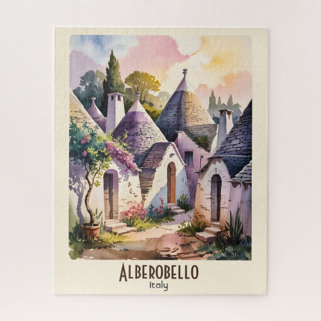 Quebra-cabeça Alberobello Italy Trulli Watercolor Custom Text (Vertical)