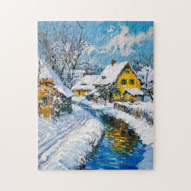 Quebra-cabeça Aldeia Nevada com Córrego e Árvores Pintura Fantas (Vertical)