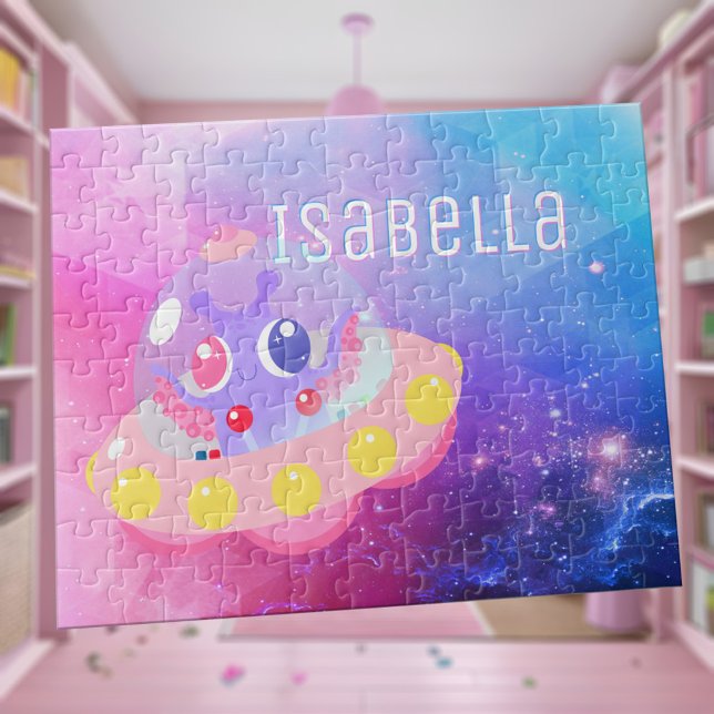 Quebra-cabeça Alienígena de Saquinho Rosa Azul Nome da Menina (Cute pink and purple space alien flying saucer jigsaw puzzle personalized with little girl's name)
