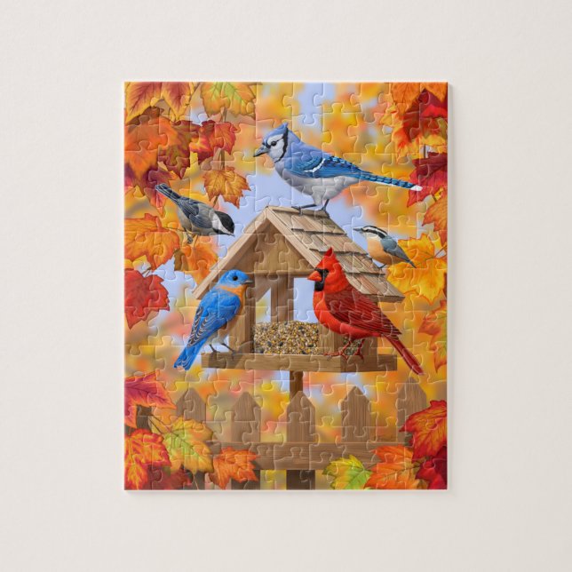 Quebra-cabeça Alimentador de aves cardinais de outono Bluebird C (Vertical)