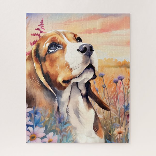 Quebra-cabeça Amante de Cães Beagle com Prado de Flores Silvestr (Vertical)