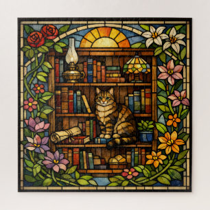 Quebra-cabeça Amantes de Livros e Gatos Vidro Falso Manchado