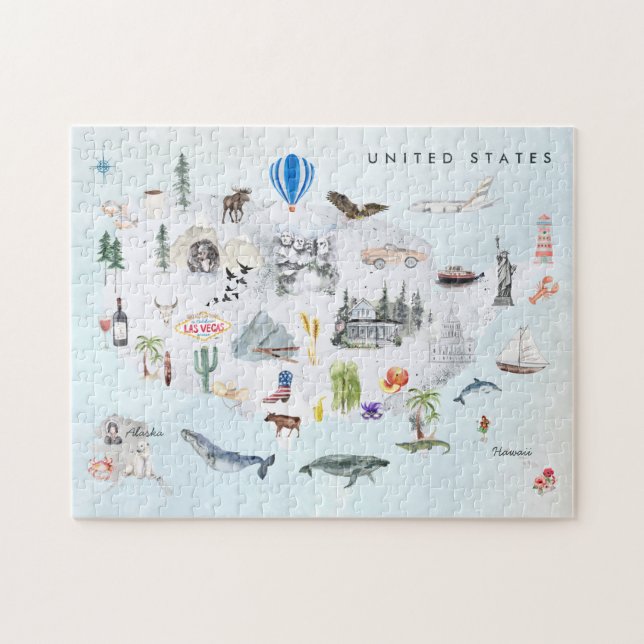 Quebra-cabeça América | Mapa dos EUA Ilustrado em Aquarela (Horizontal)