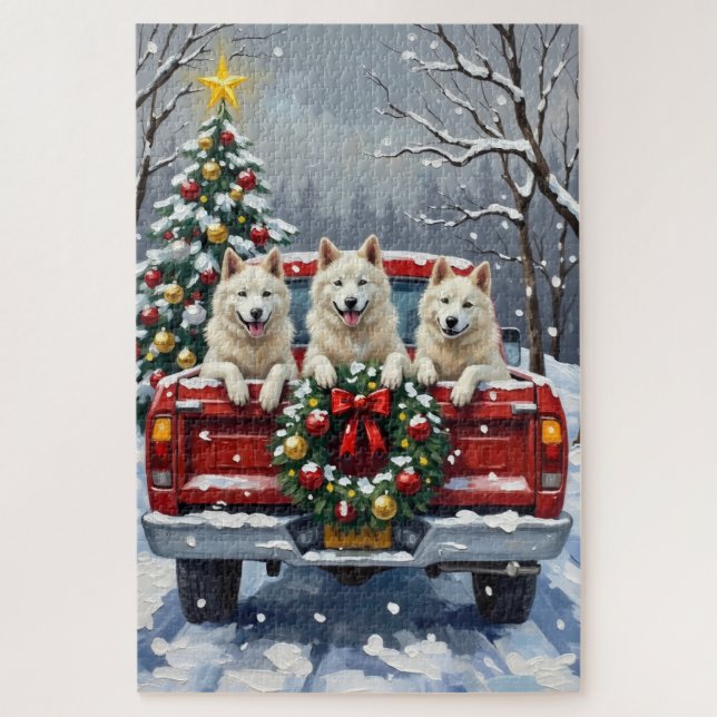 Quebra-cabeça American Eskimo Dog Christmas Red Truck Holiday (Vertical)