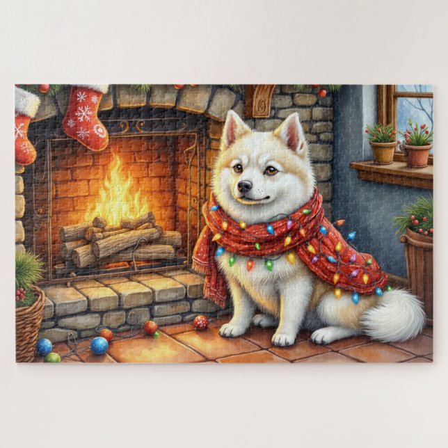 Quebra-cabeça American Eskimo Fireplace with Christmas Lights (Horizontal)
