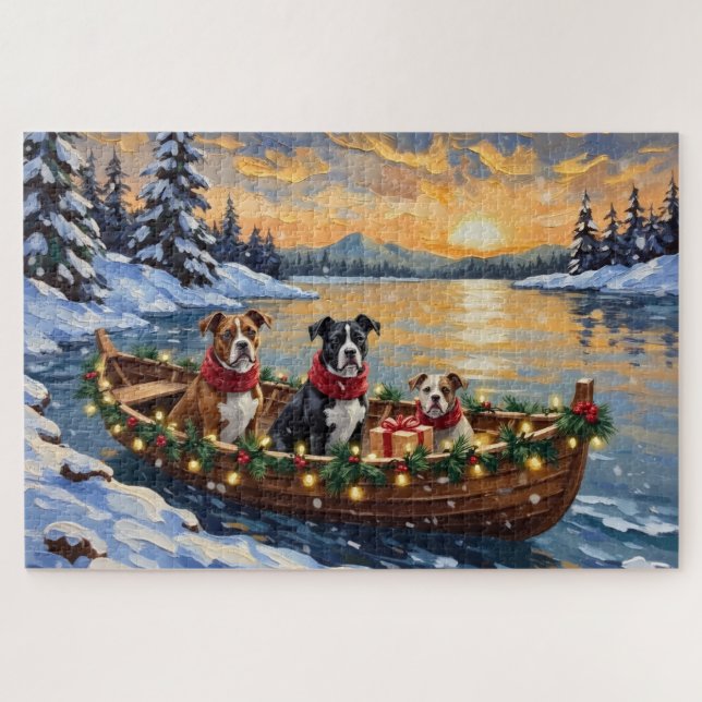 Quebra-cabeça American Staffordshire Terrier Christmas Boat (Horizontal)