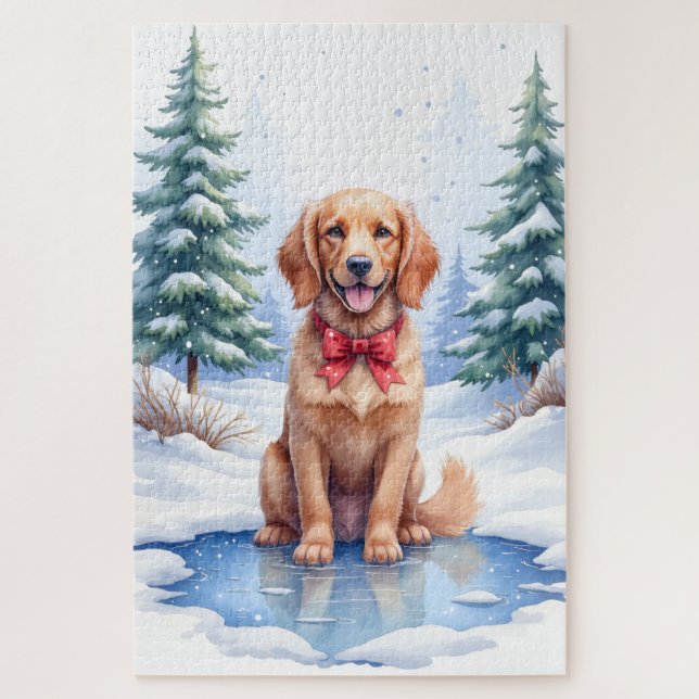 Quebra-cabeça American Water Spaniel Aquarela Lago Congelado (Vertical)