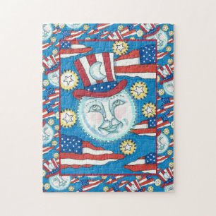 QUEBRA-CABEÇA AMERICANA PATRIÓTICO DE ARTE FOLK NA LUA
