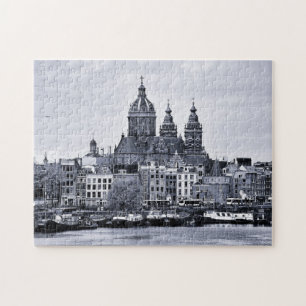 Quebra-cabeça Amesterdã, Catedral e Barcos - Holanda (quebra-ca