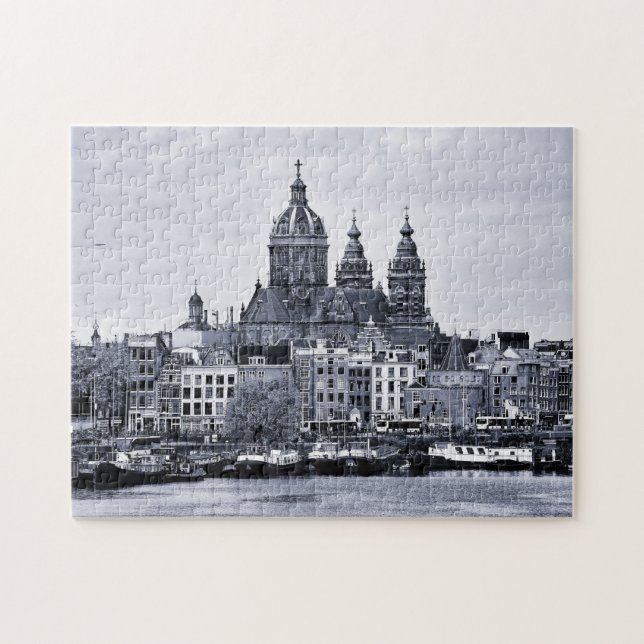 Quebra-cabeça Amesterdã, Catedral e Barcos - Holanda (quebra-cab (Horizontal)