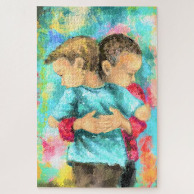 Quebra-cabeça Amizade - Crianças Hugging - Paz Amor - Pintura (Vertical)