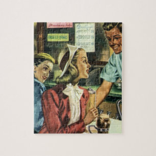 Quebra-cabeça Amor e romance do vintage, senhora na loja da soda