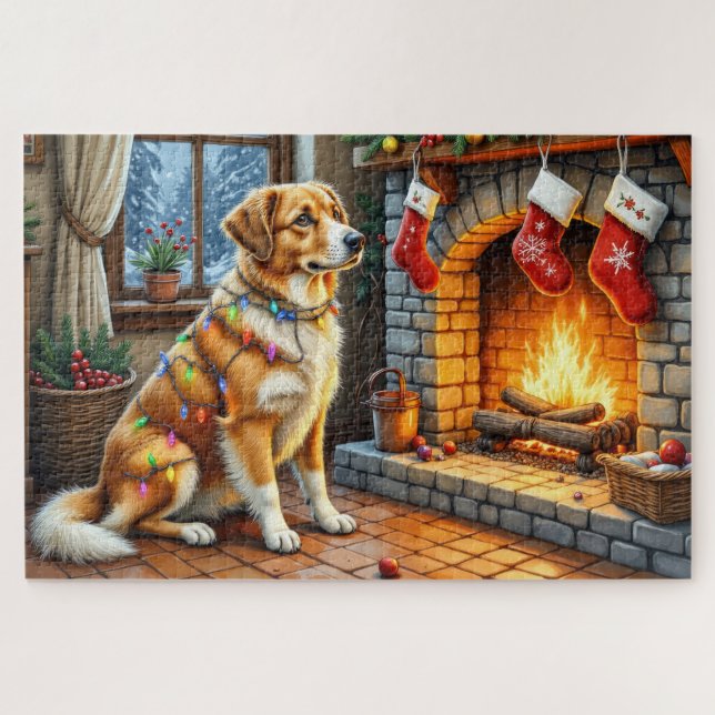 Quebra-cabeça Anatolian Shepherd Fireplace with Christmas Lights (Horizontal)