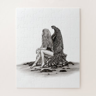 Quebra-cabeça Angel, perdido no pensamento, Design preto e branc
