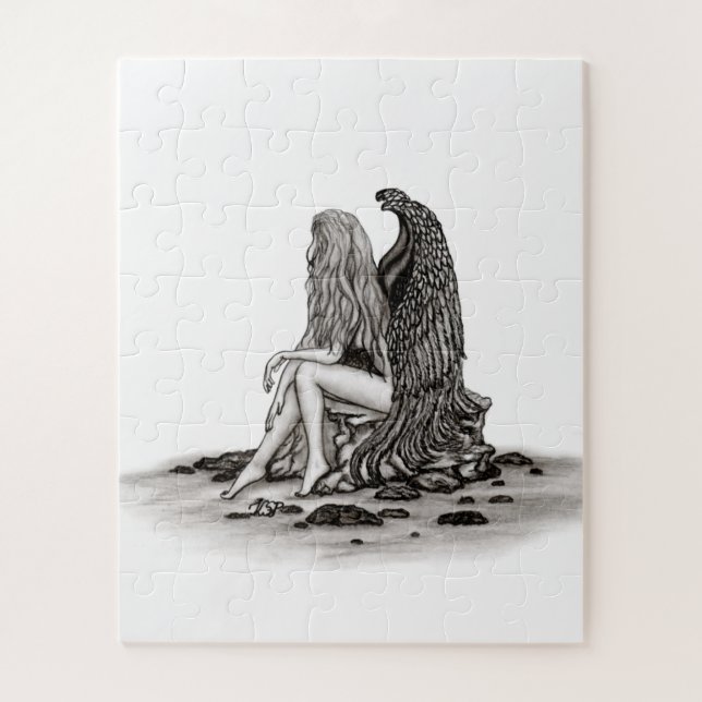 Quebra-cabeça Angel, perdido no pensamento, Design preto e branc (Vertical)