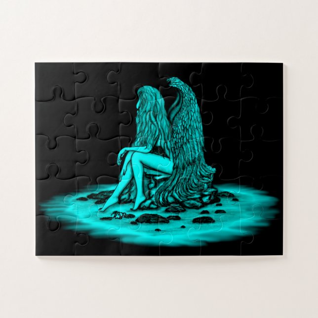 Quebra-cabeça Angel, perdido no pensamento, Design preto e verde (Horizontal)