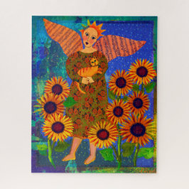 Quebra-cabeça Angel with Sunflowers and Tabby Cat 16x20 Puzzle