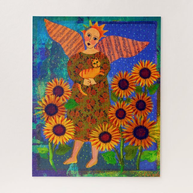 Quebra-cabeça Angel with Sunflowers and Tabby Cat 16x20 Puzzle (Vertical)