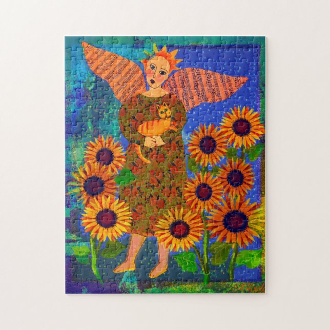 Quebra-cabeça Angel with Tabby Cat and Sunflowers 11x14 Puzzle  (Vertical)