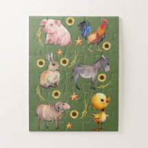 Animais da Fazenda e Girassóis em Aquarela Puzzle