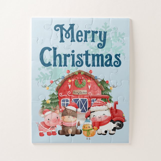 Quebra-cabeça Animais de fazenda de Natal bonitos em azul claro (Vertical)